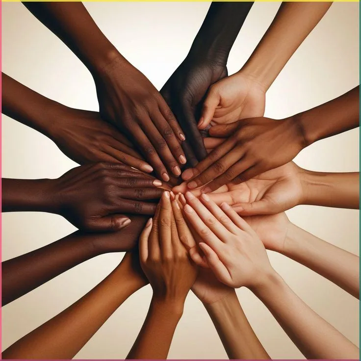Hands with a wide range of skin tones meeting in a circle