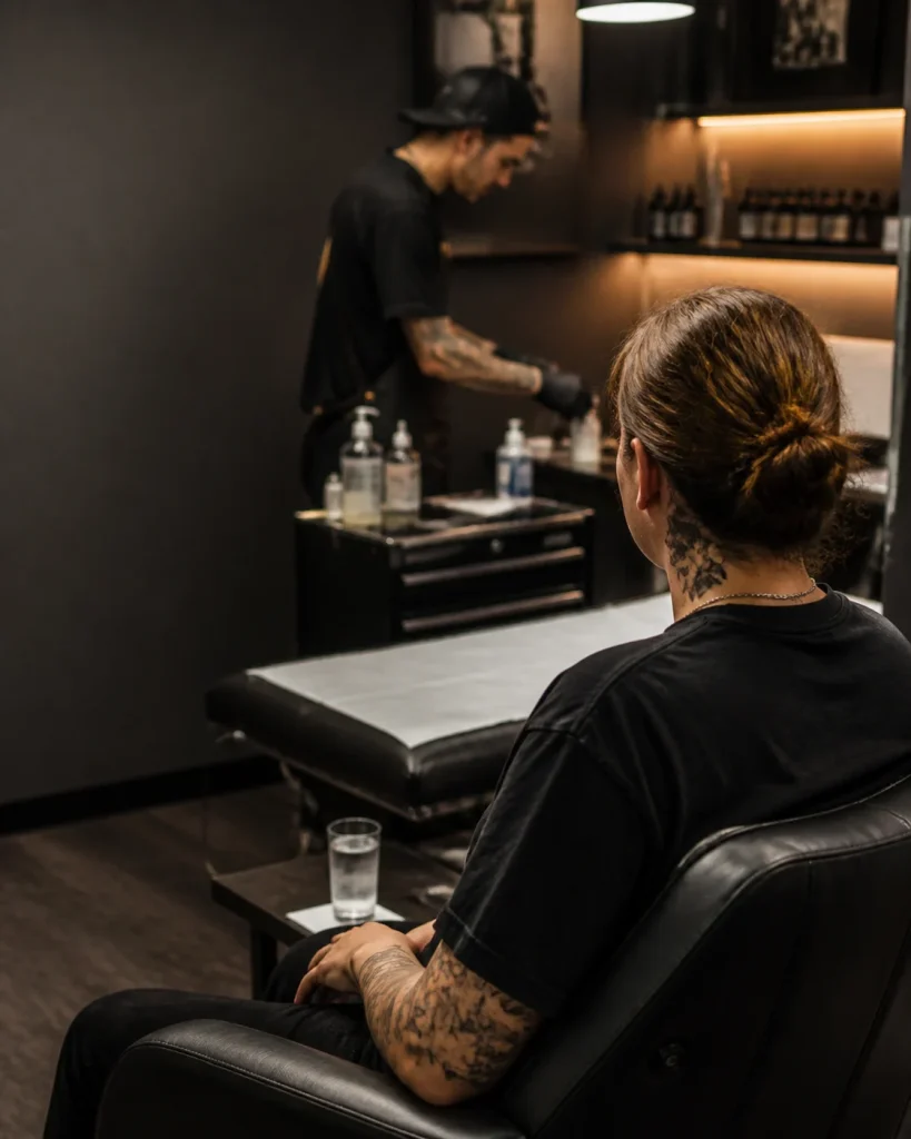 A calm private tattoo studio prepared for a client appointment