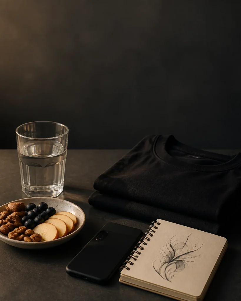 Water, a light snack and comfortable clothing prepared before a tattoo appointment